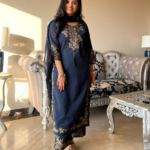 Women’s Blue Pure Cotton Embroidered Kurta Pant Dupatta Set