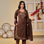 Women’s Brown Pure Cotton Embroidered Kurta Pant Dupatta Set