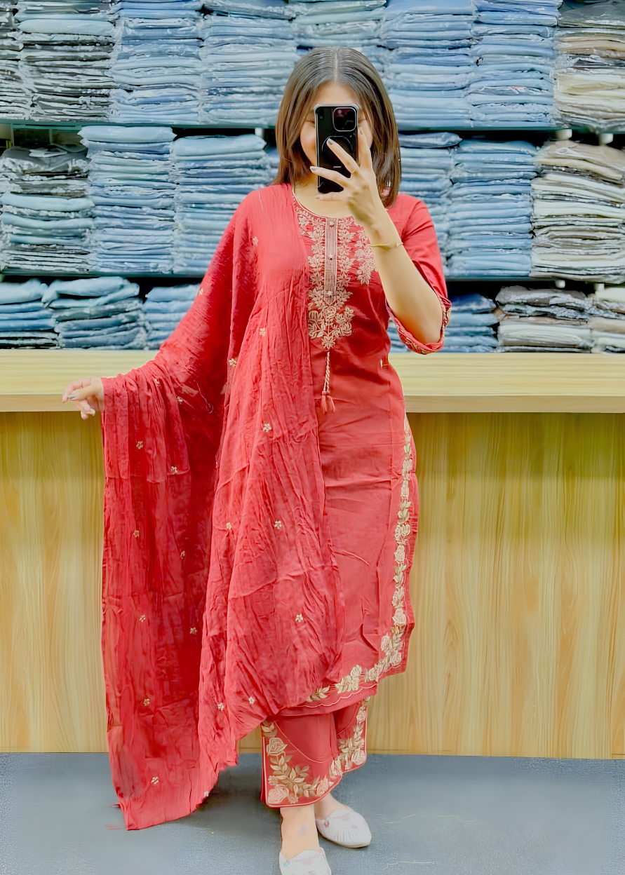 KURTA PANT DUPATTA SET p Women’s Pink Pure Cotton Embroidered Kurta Pant Dupatta Set - Image 1