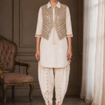 Women’s Cream Pure Cotton Dhoti Kurta & Detachable Jacket Set