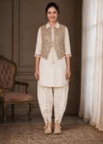 Women’s Cream Pure Cotton Dhoti Kurta & Detachable Jacket Set